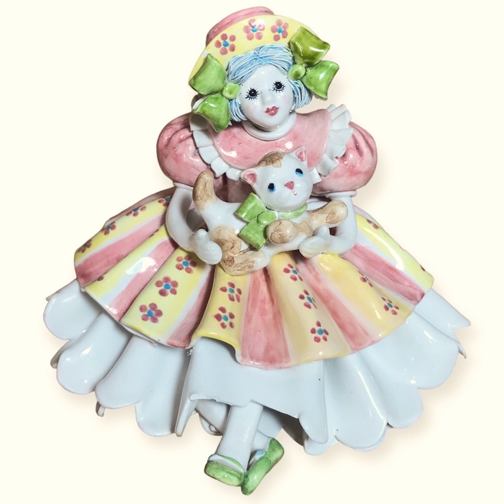Rare  Made in Italy for Gump's Fine Porcelain Pierrot Girl Clown with Kitty